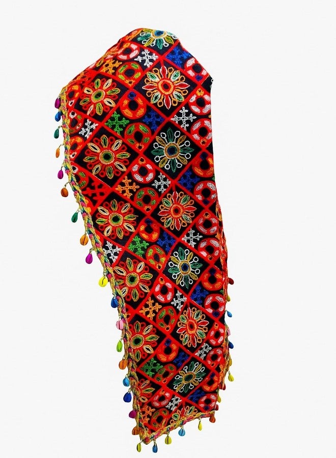 Doorbag غطاء رأس طويل متعدد الألوان لغاربا دانديا من نافراتري مزين بدانتيل كوتشي، وشرابة بوم بوم، وشرابة كودي الصدفية - غطاء رأس تقليدي فاخر للنساء والفتيات (شرابة كودي أو فومكا عشوائية، غطاء رأس طويل بقاعدة سوداء) - Image 5